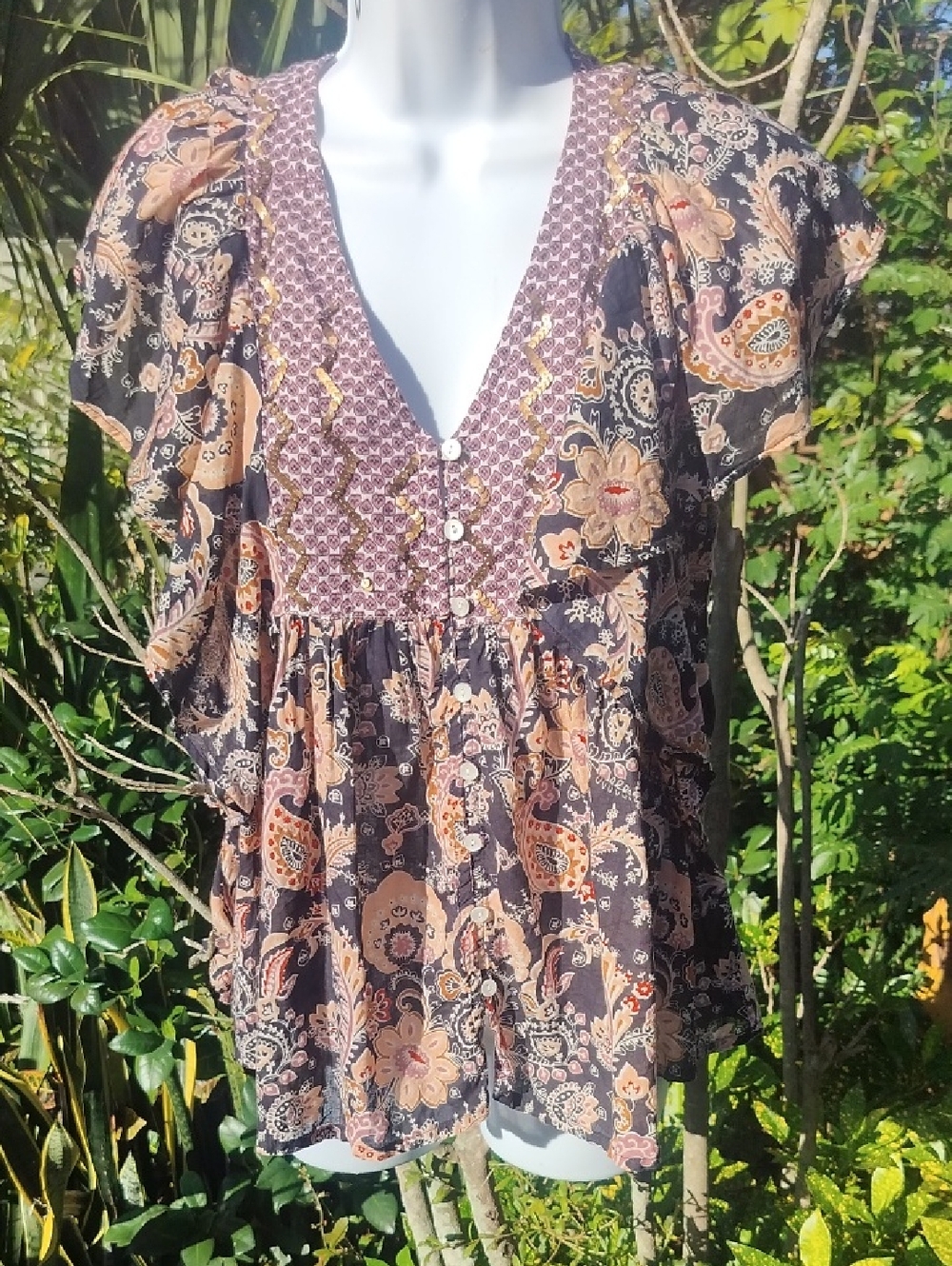 Rachel Zoe Boho Floral V-Neck Peasant Top - Black/Tan Small